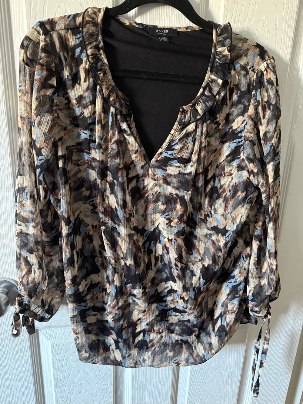 Have Abstract Print V-Neck Long-Sleeve Blouse in Beige, Brown, Black & Blue.